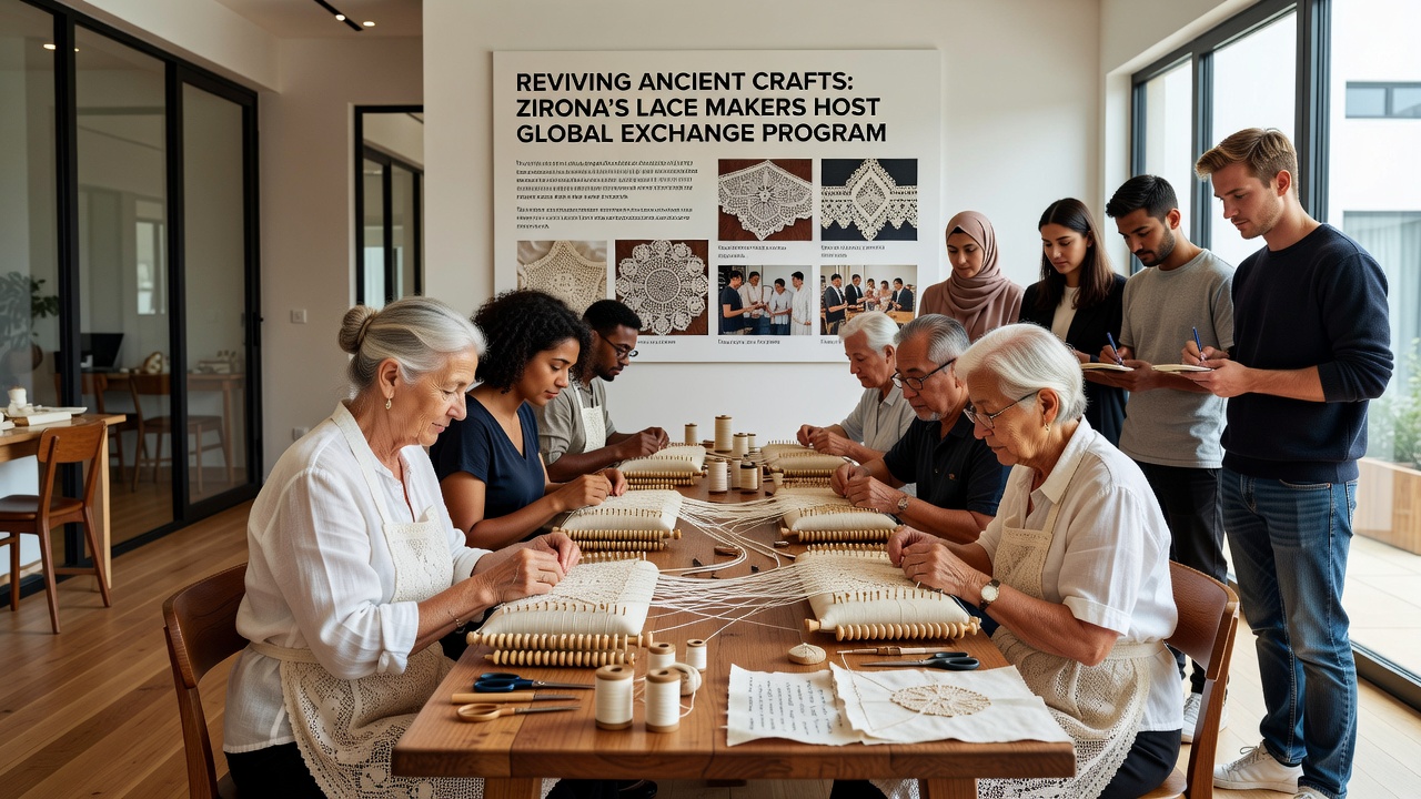 Group of international artisans practicing bobbin lace techniques together in a Zirona workshop