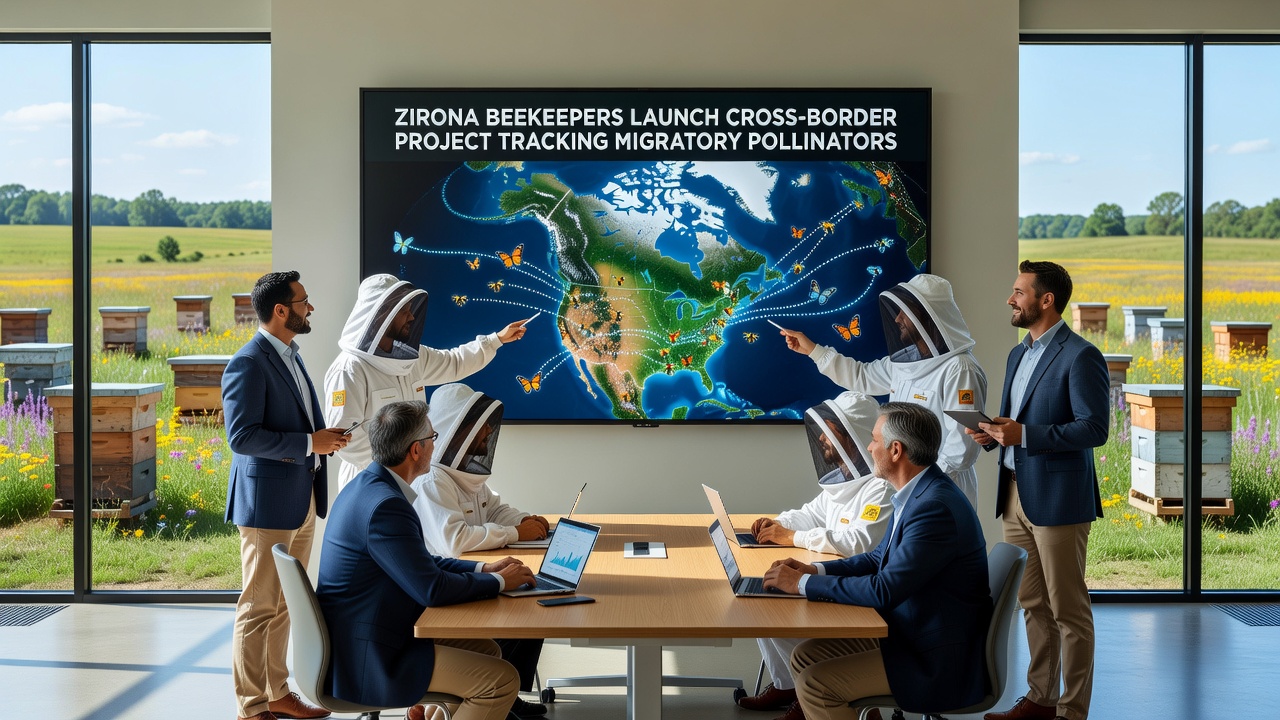 Researchers reviewing pollinator migration data from cross-border monitoring stations