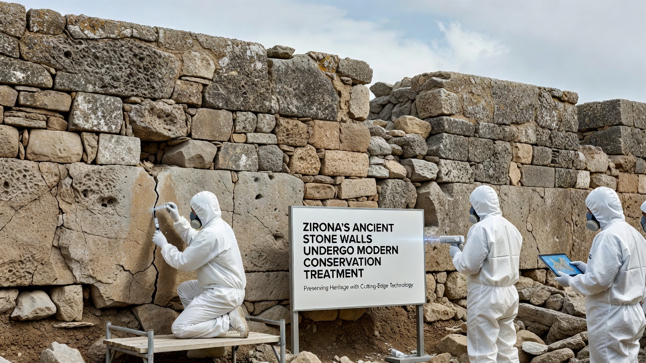 Conservators applying modern treatments to sections of Zirona's stone walls during the project
